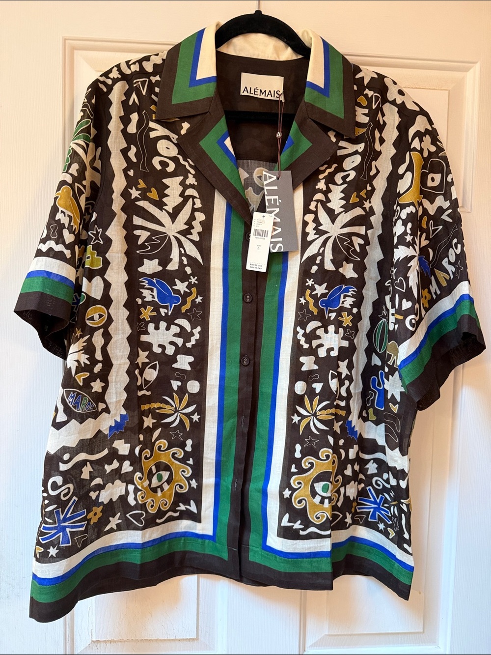 Alemais Maroc Short-Sleeve Graphic Button Shirt with Blue & Green Accents size 6